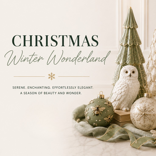 A styled holiday tabletop scene with decorative Christmas ornaments, small tree figurines, owl sculptures, ribbons, books, and floral greenery. Large text on the left reads “Christmas Winter Wonderland.