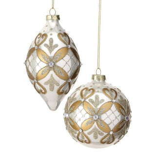 4-5.5" Glass Bead Ball & Finial Ornament – Set of 2, Ivory & Gold - Sassy Inspiration