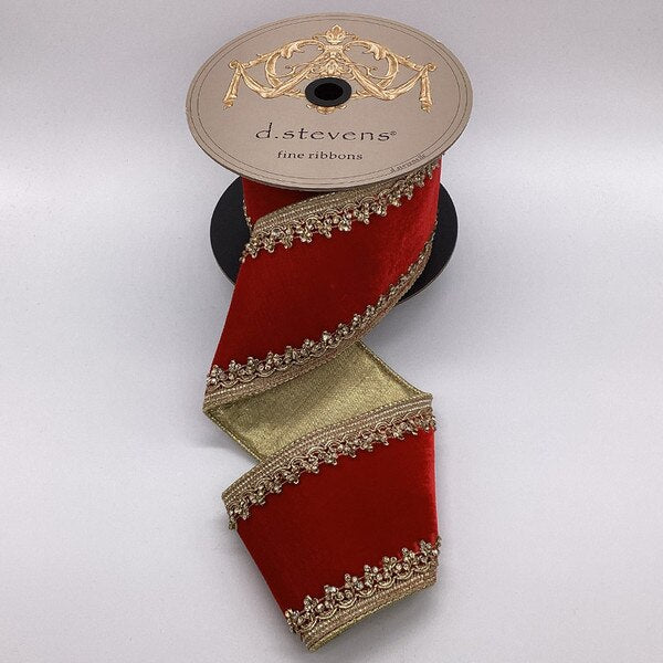 4” Red velvet ribbon with gold jewel countess trim - Sassy Inspiration