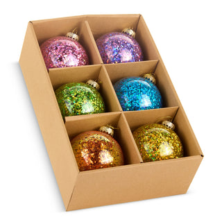 Multicolor Chunky Glitter Glass Ball Ornaments – 4", Box of 6 - Sassy Inspiration