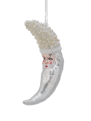 6" Glass Pearl Glitter Santa Moon Ornament – White & Snow - Sassy Inspiration