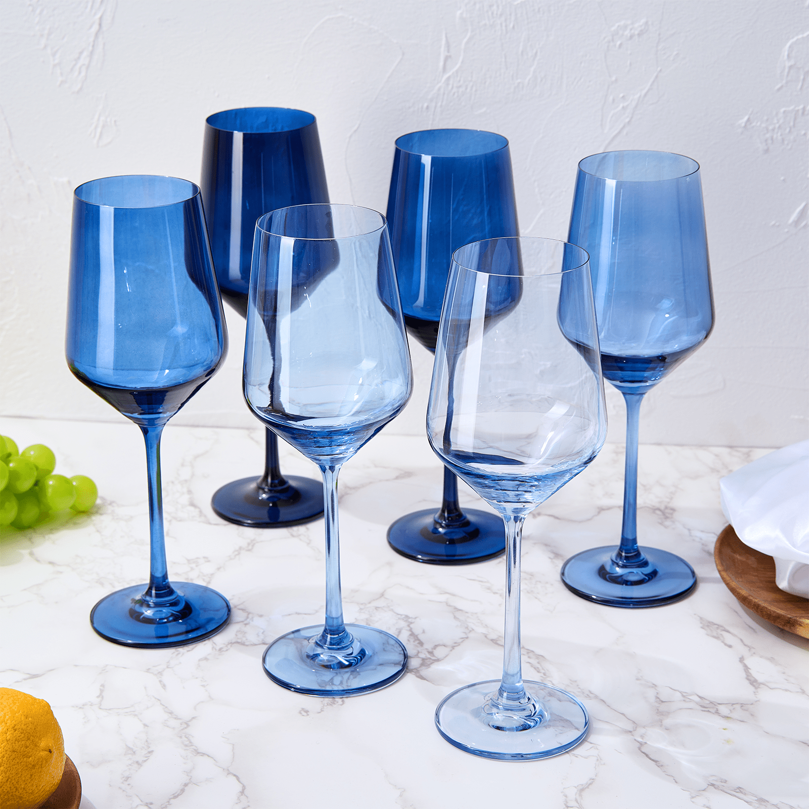 6 Shades of Blue Colored Crystal Wine Glass Set - Sassy Inspiration