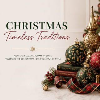 A styled holiday tabletop arrangement featuring Christmas ornaments, a nutcracker, plaid ribbon, books, pinecones, and a mug with 'Merry everything Happy always' text, set beside large decorative text reading 'Christmas Timeless Traditions' on a light neutral background.
