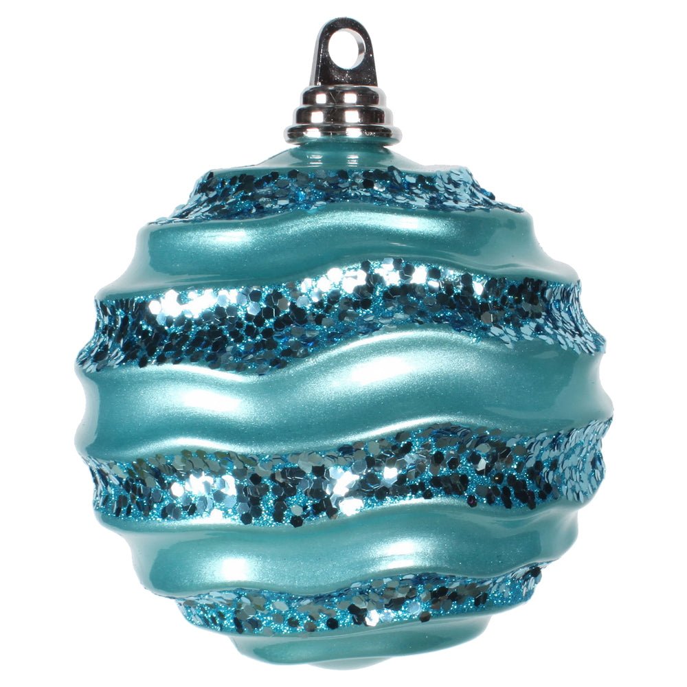 6"Turquoise Stripe Candy Finish Wave Ball Christmas Ornament with Glitter Accents - Sassy Inspiration