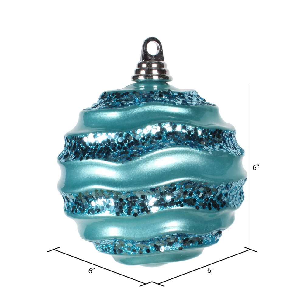 6"Turquoise Stripe Candy Finish Wave Ball Christmas Ornament with Glitter Accents - Sassy Inspiration