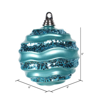 6"Turquoise Stripe Candy Finish Wave Ball Christmas Ornament with Glitter Accents - Sassy Inspiration