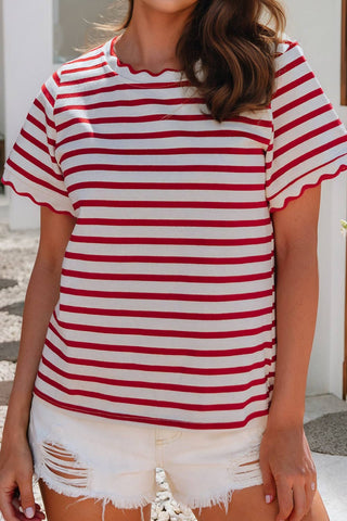 Scalloped Trim Striped Tee