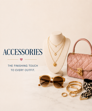 A styled accessories flat lay on a light marble surface against a warm cream background. Visible items include layered gold necklaces on a cream jewelry bust, round gold-framed sunglasses, multiple gold bangles and rings, a pink quilted handbag, and a leopard-print strap.