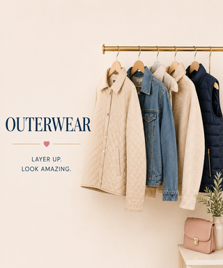 Four outerwear pieces hanging on a gold clothing rack against a warm cream wall: a quilted beige jacket, a blue denim jacket, a cream knit cardigan, and a navy quilted vest. Text on the left reads 'OUTERWEAR' with smaller copy 'LAYER UP.
