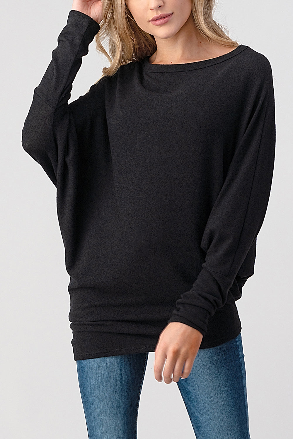 Black Long Dolman Sleeve Asymmetric Top