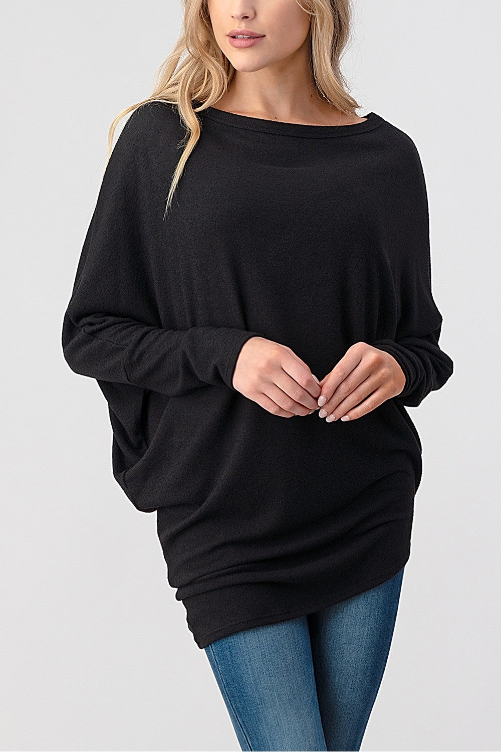 Black Long Dolman Sleeve Asymmetric Top