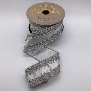 Silver Metallic Dupioni Ribbon with Jewel Baroness Trim – 2.5" x 5 Yards