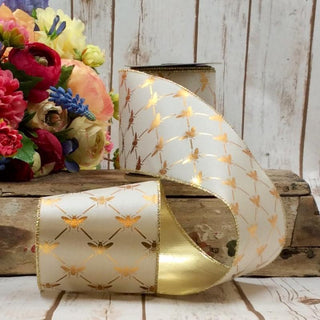 White Taffeta Ribbon with Metallic Gold Bees – 4" x 10 Yards