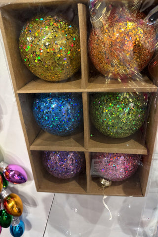 Multicolor Chunky Glitter Glass Ball Ornaments – 4", Box of 6 - Sassy Inspiration – in-store photo