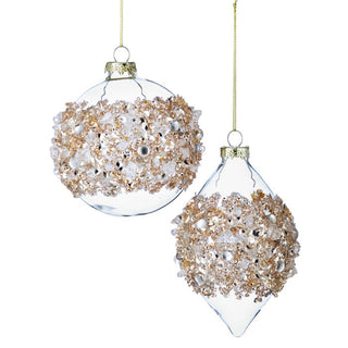4-6" Glass Ice Sequin Ball & Finial Ornament – Set of 2, Clear & Gold - Sassy Inspiration