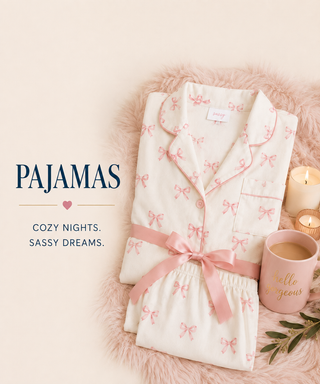 A folded cream-colored pajama set with pink bow patterns and a pink satin waist tie, styled on a fluffy pink rug with candles and a pink mug. Text on the left reads 'PAJAMAS' and 'COZY NIGHTS.