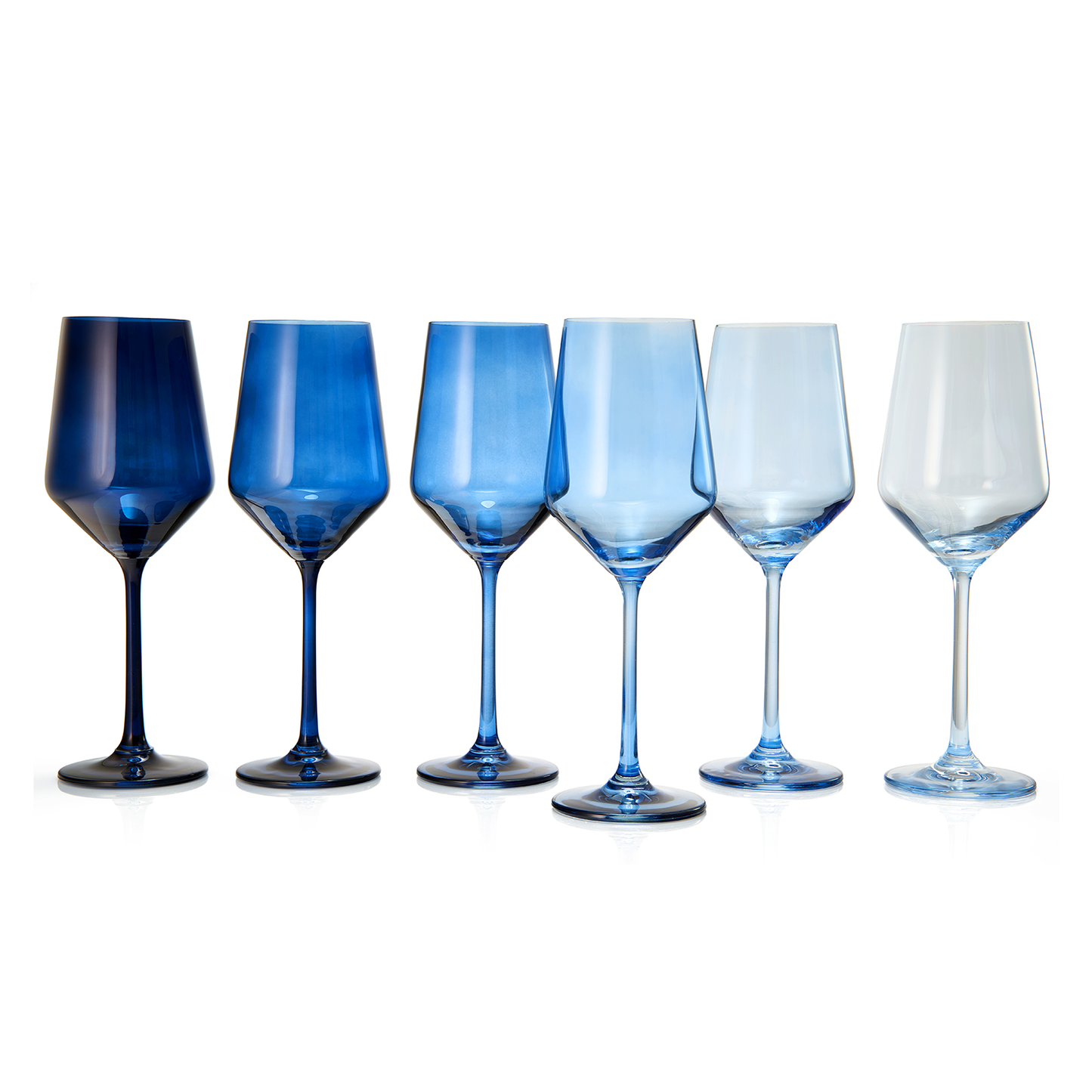 6 Shades of Blue Colored Crystal Wine Glass Set