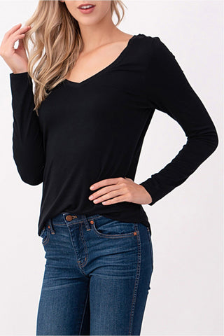 Black Modal Long Sleeve V - neck Tee - Sassy Inspiration