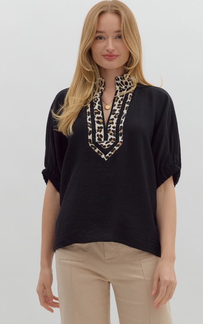 Black Short Sleeve Dolman Leopard Accented Top - Sassy Inspiration