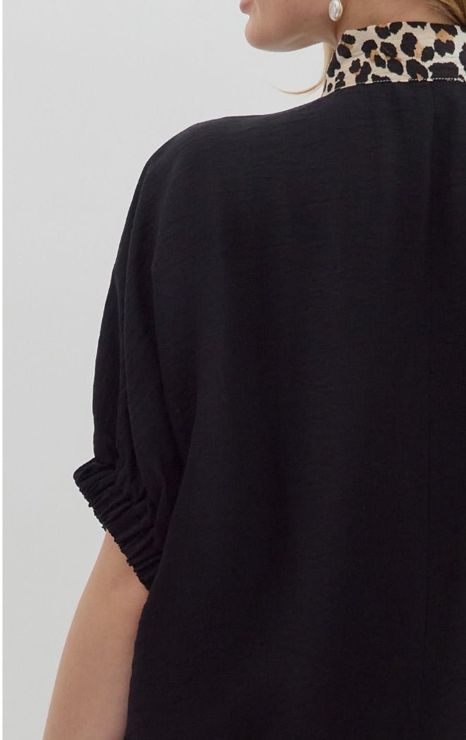 Black Short Sleeve Dolman Leopard Accented Top - Sassy Inspiration