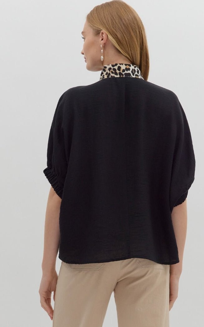 Black Short Sleeve Dolman Leopard Accented Top - Sassy Inspiration