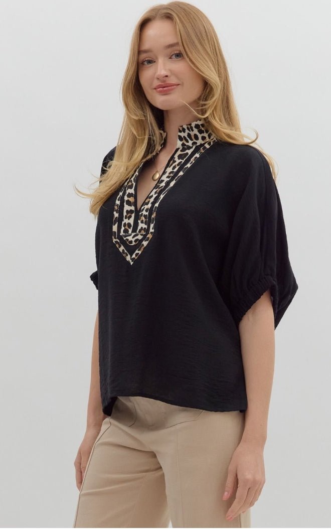 Black Short Sleeve Dolman Leopard Accented Top - Sassy Inspiration