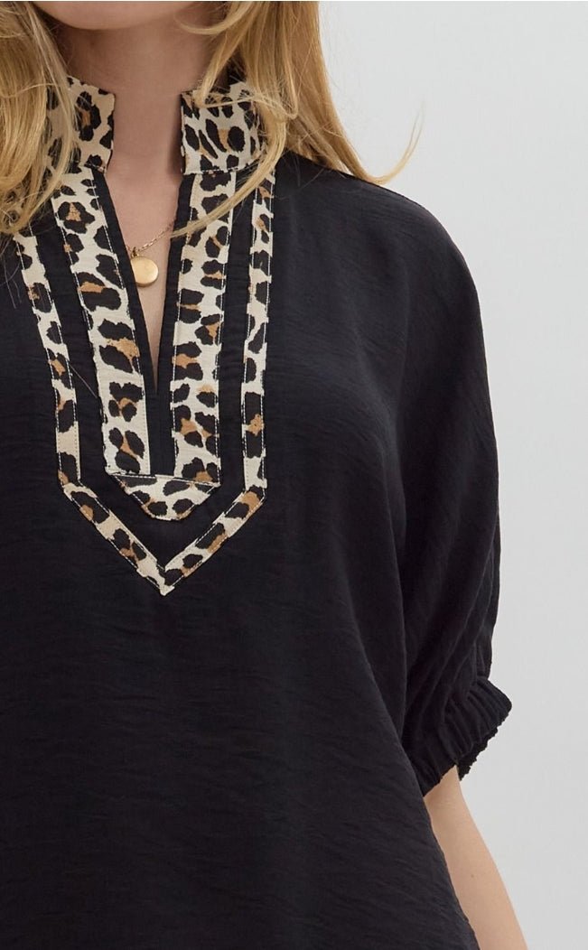 Black Short Sleeve Dolman Leopard Accented Top - Sassy Inspiration