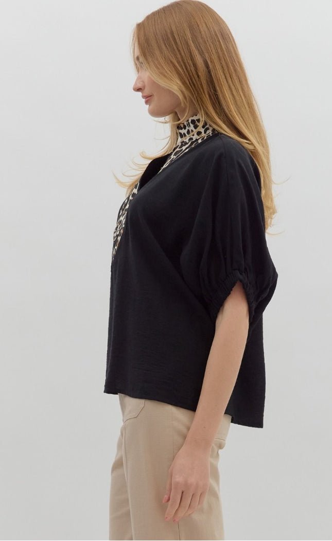 Black Short Sleeve Dolman Leopard Accented Top - Sassy Inspiration