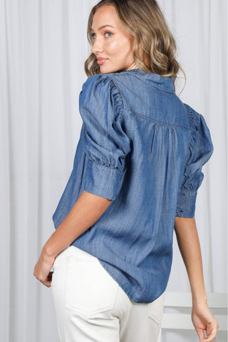 Blue Belle Puff Sleeve Chambray Shirt - Sassy Inspiration