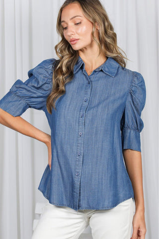 Blue Belle Puff Sleeve Chambray Shirt - Sassy Inspiration