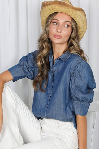 Blue Belle Puff Sleeve Chambray Shirt - Sassy Inspiration
