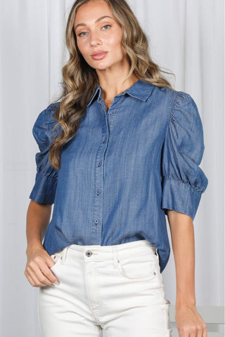 Blue Belle Puff Sleeve Chambray Shirt - Sassy Inspiration