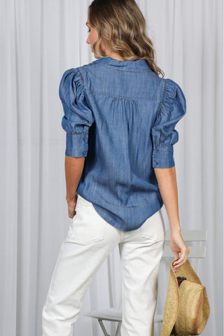 Blue Belle Puff Sleeve Chambray Shirt - Sassy Inspiration