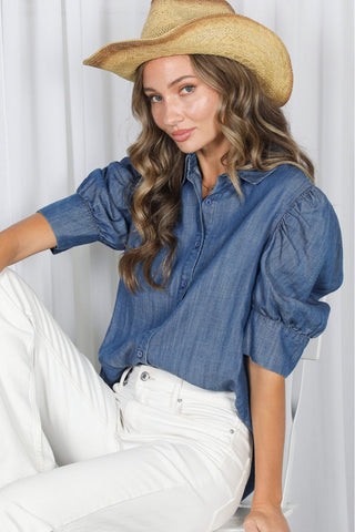 Blue Belle Puff Sleeve Chambray Shirt - Sassy Inspiration