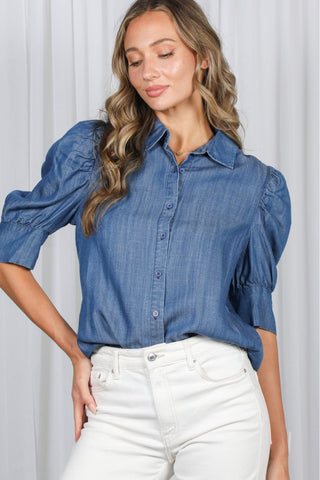 Blue Belle Puff Sleeve Chambray Shirt - Sassy Inspiration