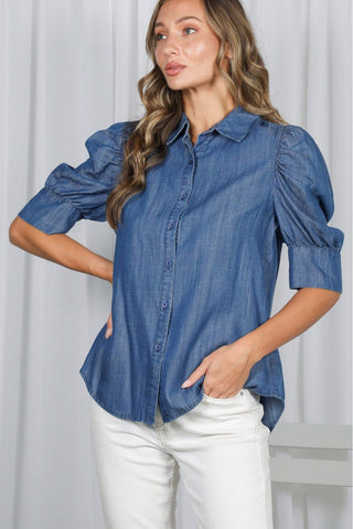 Blue Belle Puff Sleeve Chambray Shirt - Sassy Inspiration