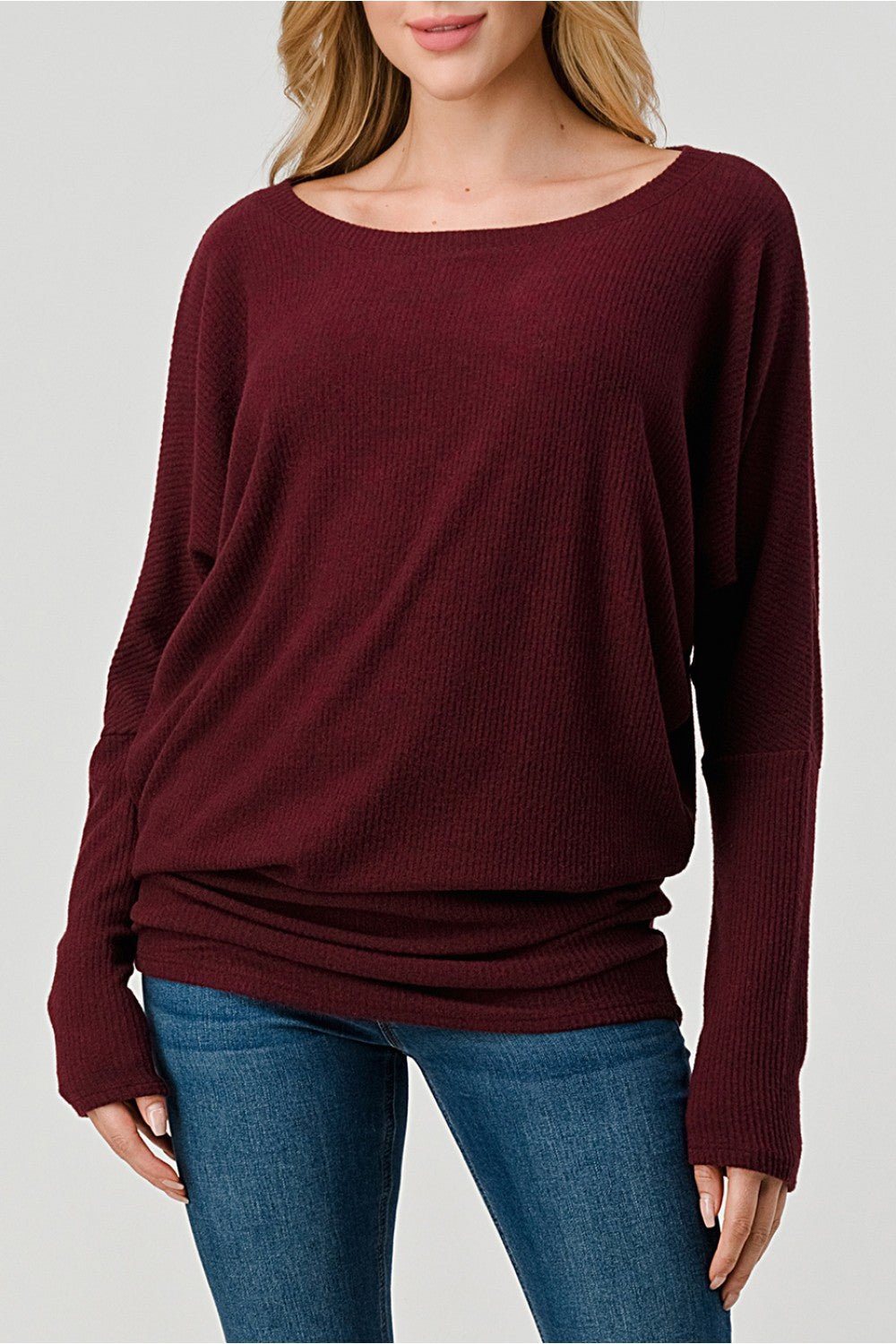 Burgundy Rib Long Dolman Sleeve Top - Sassy Inspiration