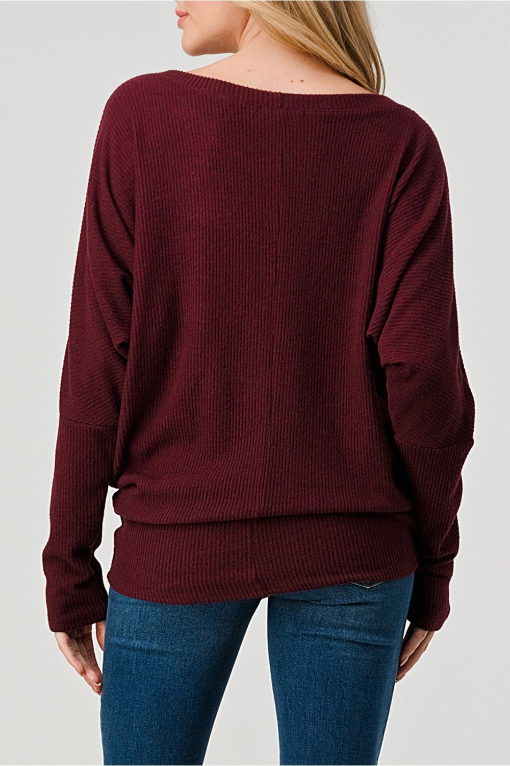 Burgundy Rib Long Dolman Sleeve Top - Sassy Inspiration