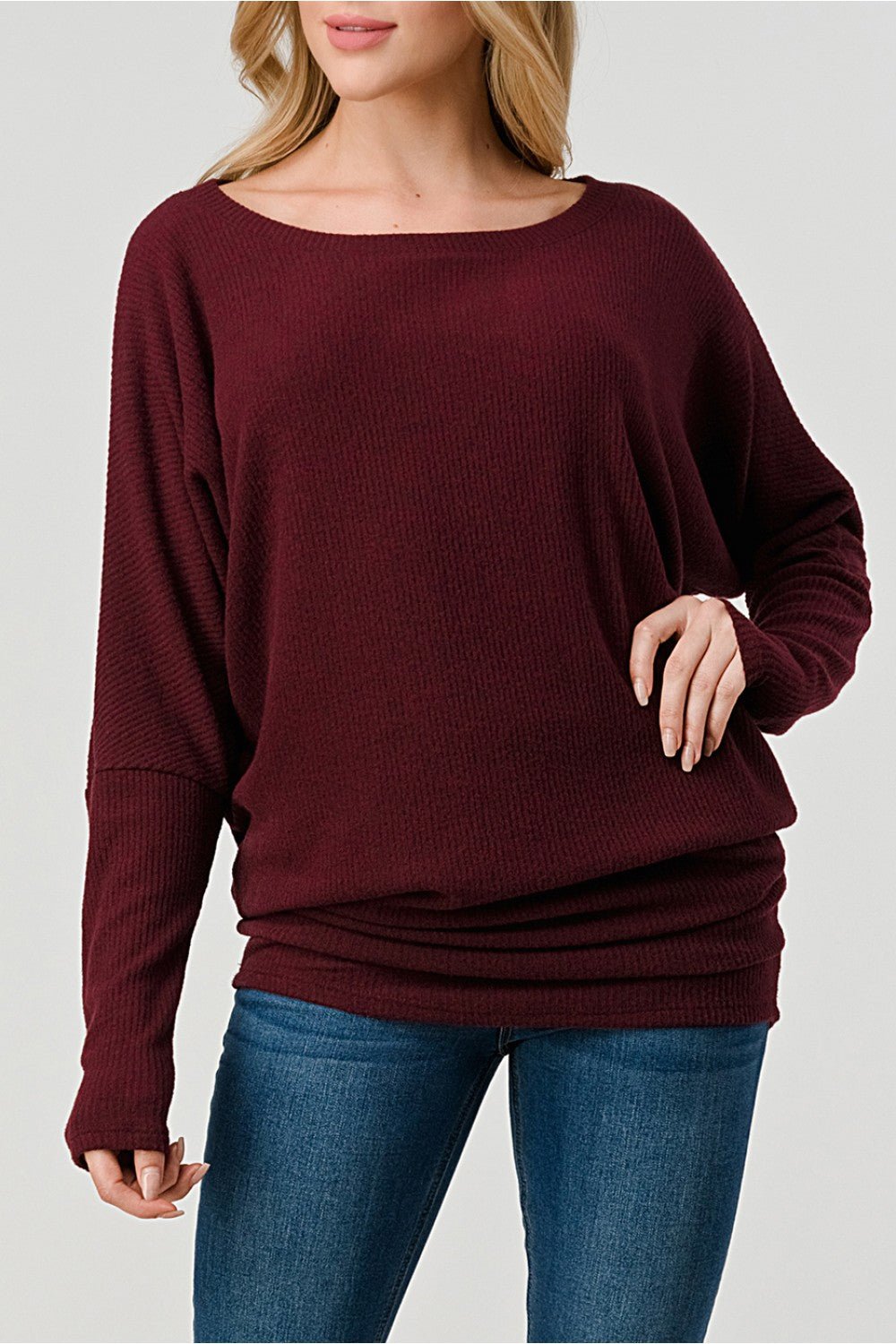 Burgundy Rib Long Dolman Sleeve Top - Sassy Inspiration