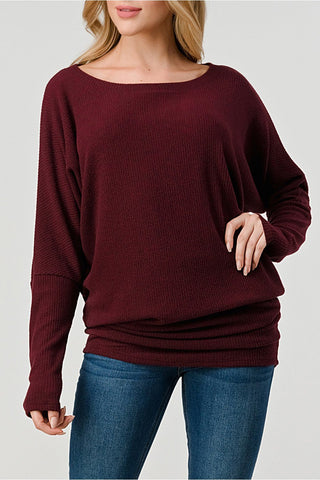 Burgundy Rib Long Dolman Sleeve Top - Sassy Inspiration