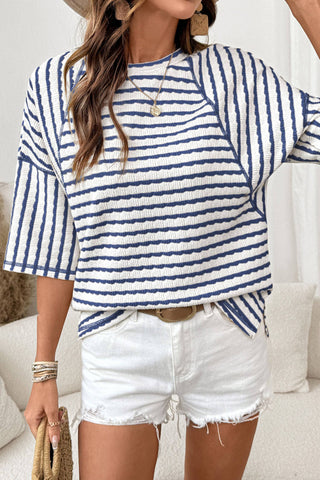 Textured Knit Striped Split Hem Top
