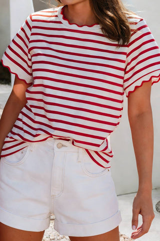 Scalloped Trim Striped Tee