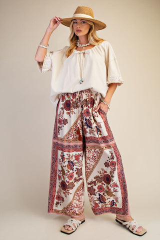 Free Spirit Printed Wide Leg Pants - Khaki