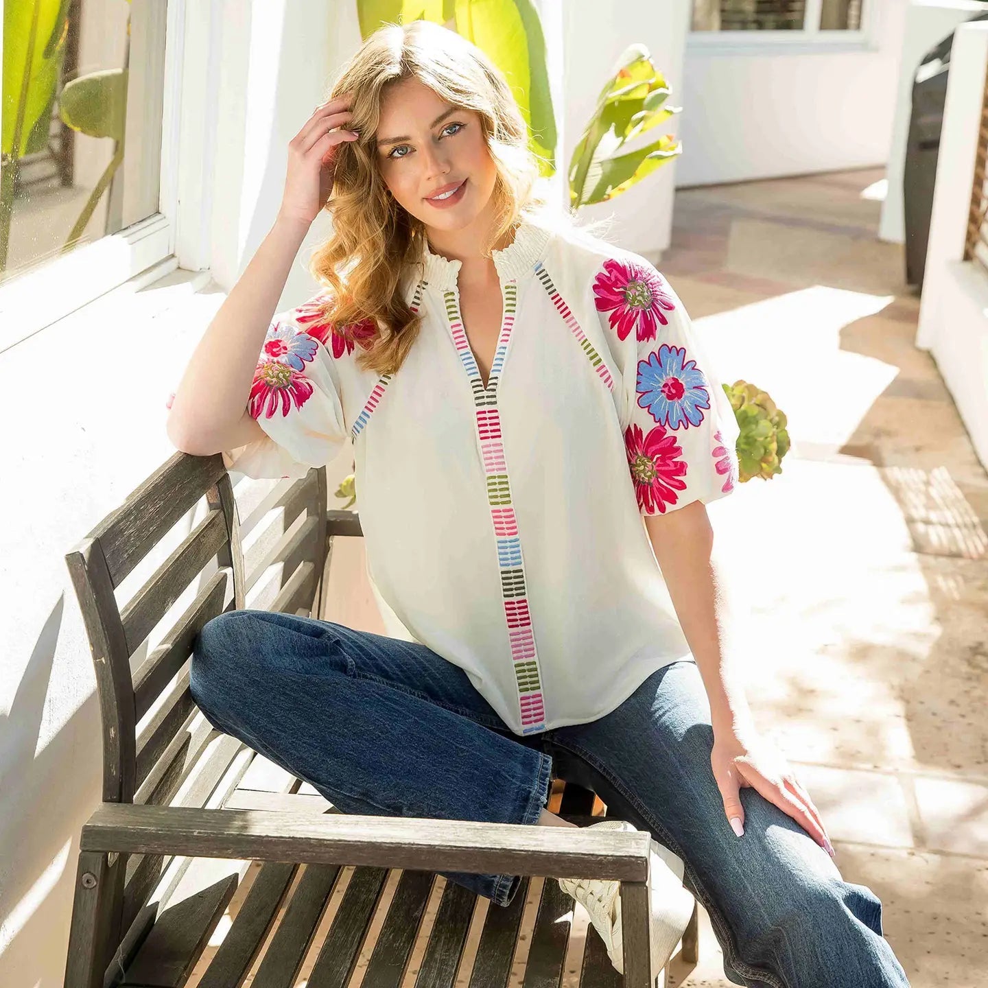 Embroidered Puff Sleeve Top - white - Sassy Inspiration