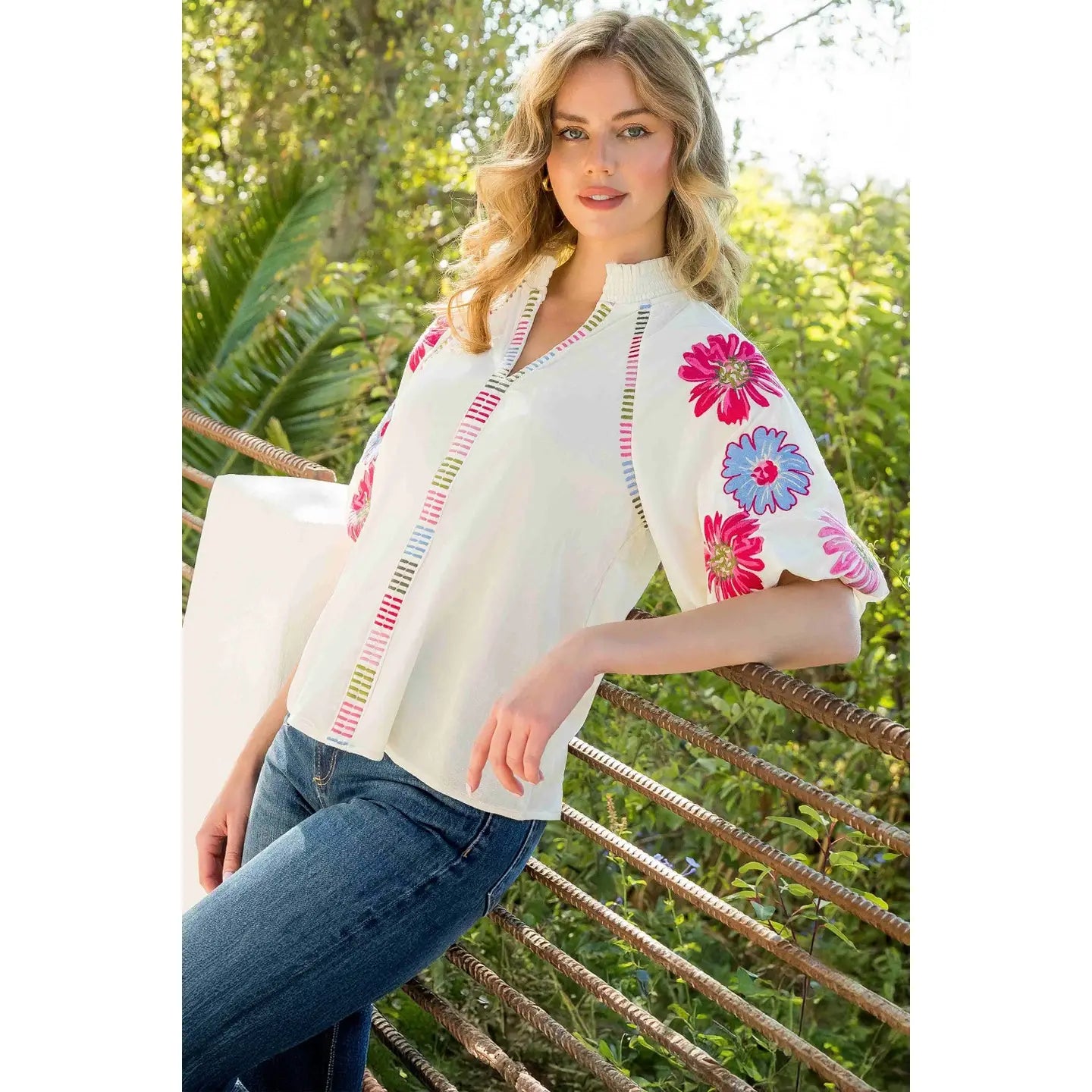 Embroidered Puff Sleeve Top - white - Sassy Inspiration