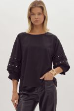 Black Half Sleeve Top with Pearl Detail