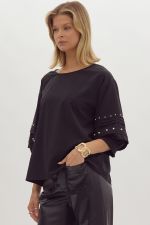 Black Half Sleeve Top with Pearl Detail