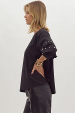 Black Half Sleeve Top with Pearl Detail