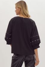 Black Half Sleeve Top with Pearl Detail