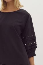 Black Half Sleeve Top with Pearl Detail